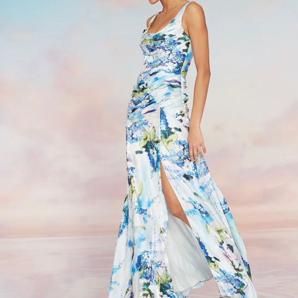 NWT Theia Couture MINA DRAPED LIQUID GOWN Satin Designer Floral Gown Sz 2 - Picture 2 of 6